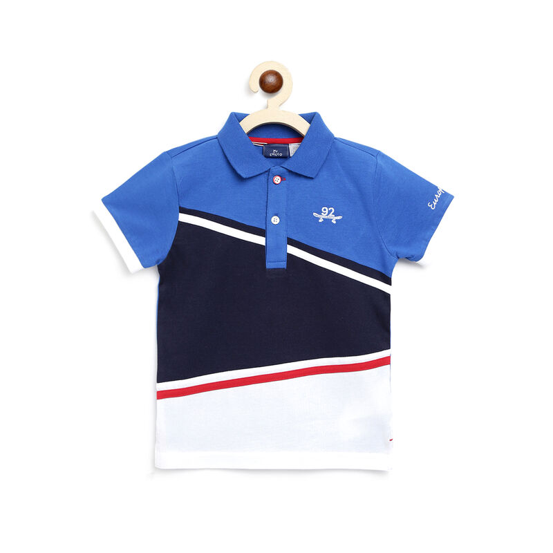 Boys Medium Blue Colourblocked Short Sleeve Polo image number null